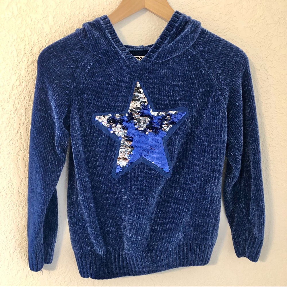 Girls DKNY Blue Chenille Hooded Pullover Sweater Flip Sequins Star